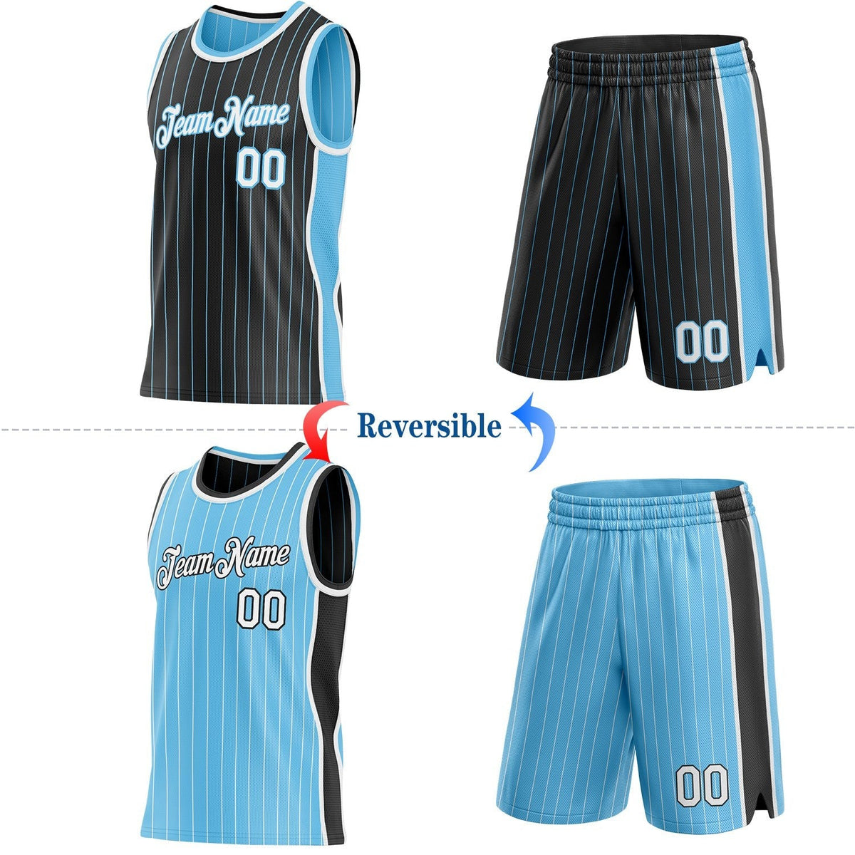 Custom Black Sky Blue Pinstripe-White Side Panels Reversible Double Side Sublimation Basketball Set Jersey photo 2
