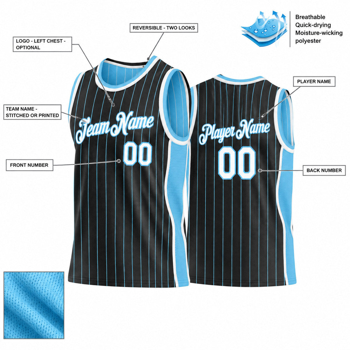 Custom Black and Sky Blue Side Panels Basketball Jersey Set with White Lettering customization guide