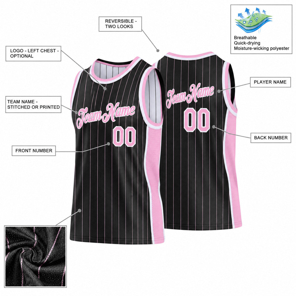 Custom Black and Light Pink Side Panels Basketball Jersey Set with White Lettering customization guide