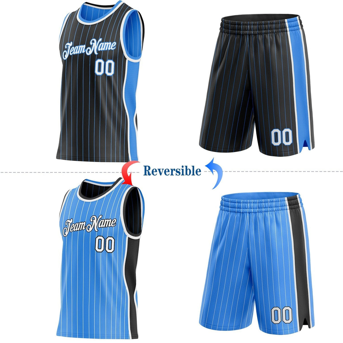 Custom Black Powder Blue Pinstripe-White Side Panels Reversible Double Side Sublimation Basketball Set Jersey photo 2