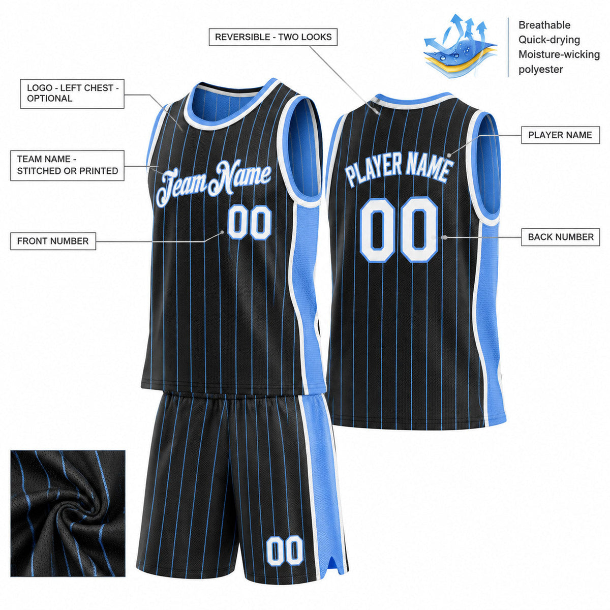 Custom Black and Powder Blue Side Panels Basketball Jersey Set with White Lettering customization guide