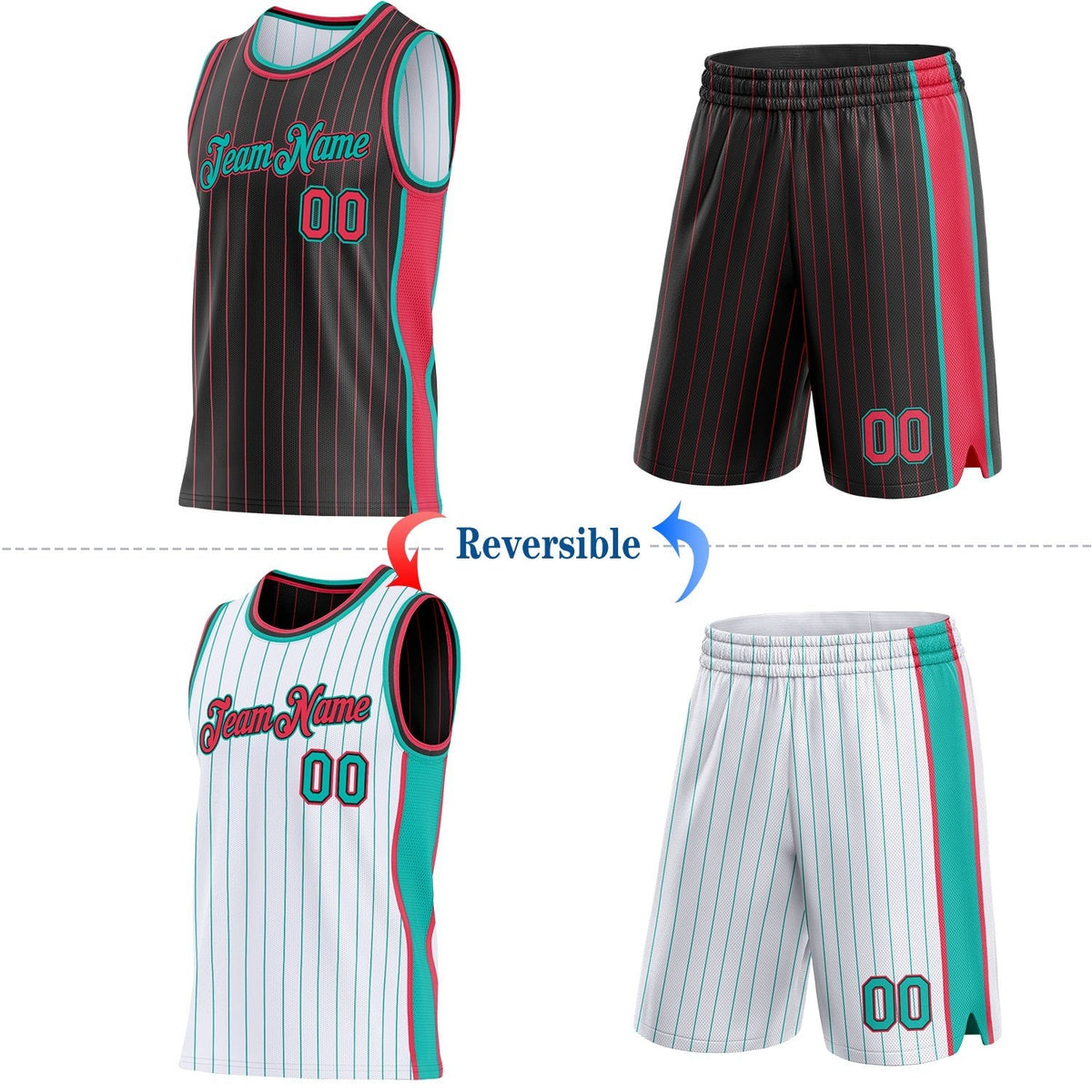 Custom Black Neon Pink Pinstripe Aqua-?¨ª¡ä?? Side Panels Reversible Double Side Sublimation Basketball Set Jersey photo 2