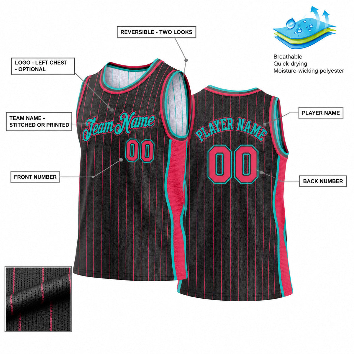 Custom Black and Neon Pink ?¨ª¡ä?? Side Panels Basketball Jersey Set with Aqua Lettering customization guide
