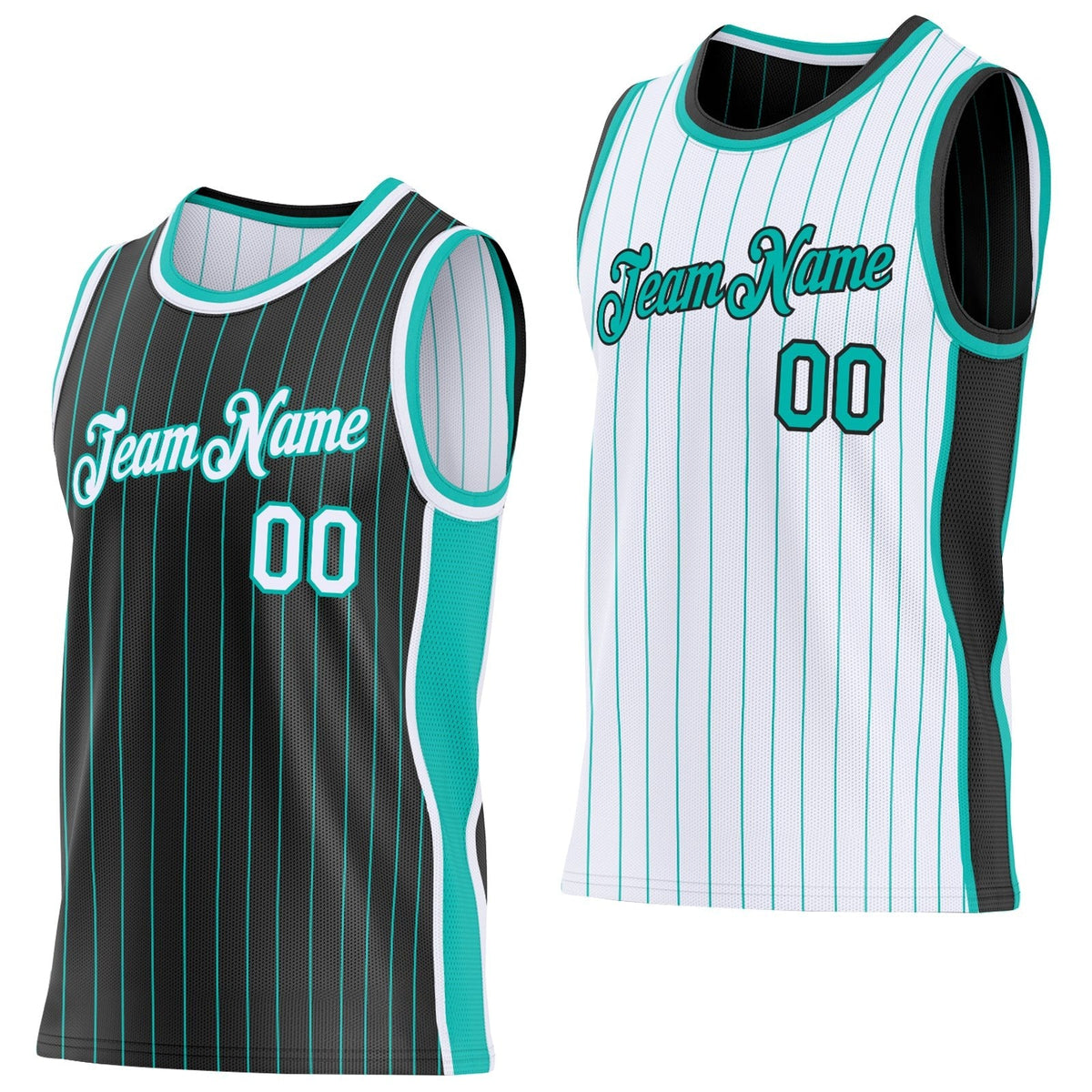 Custom Black Aqua Pinstripe-White Side Panels Reversible Double Side Sublimation Basketball Set Jersey