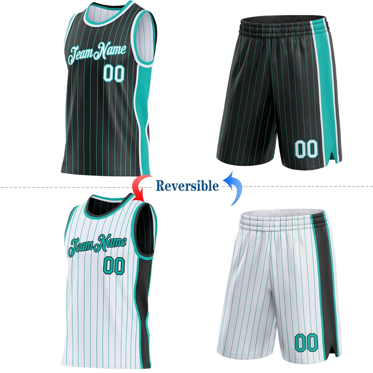 Custom Black Aqua Pinstripe-White Side Panels Reversible Double Side Sublimation Basketball Set Jersey photo 2