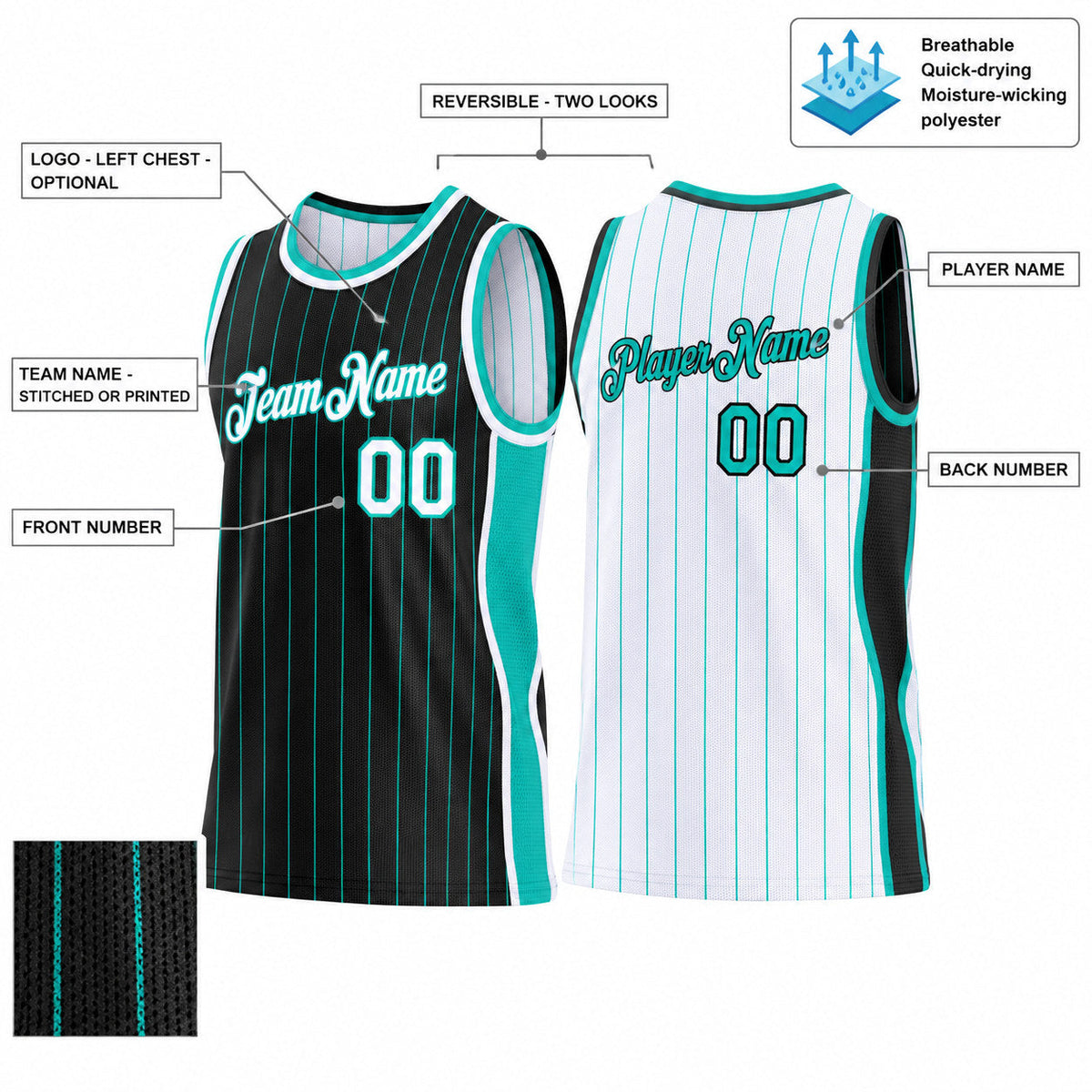 Custom Black and Aqua Side Panels Pinstripe Reversible Basketball Jersey Set with White Lettering customization guide