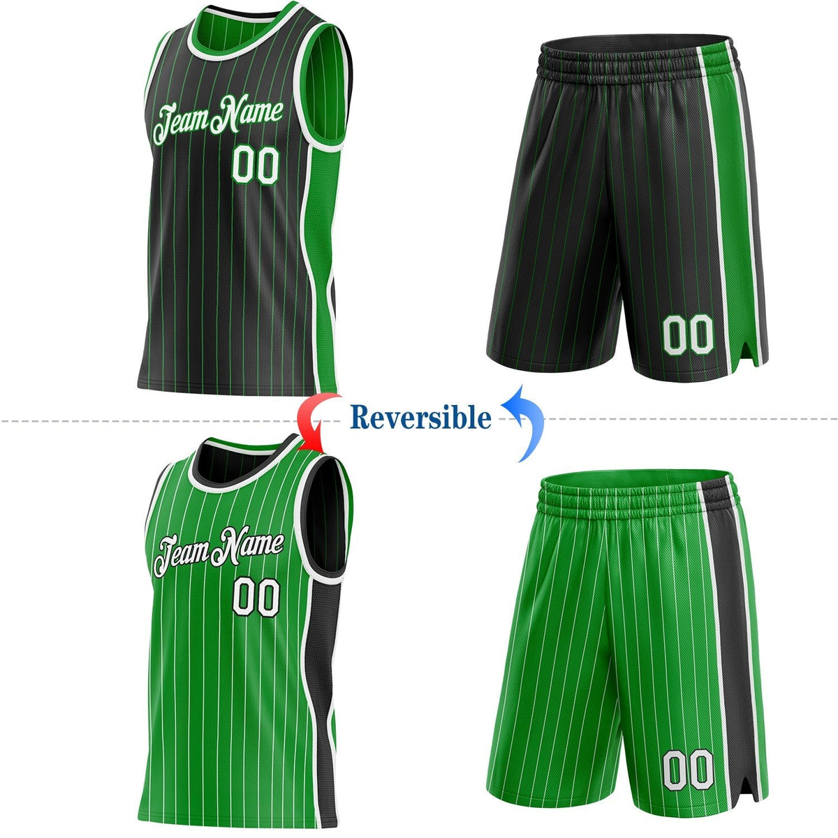 Custom Black Grass Green Pinstripe-White Side Panels Reversible Double Side Sublimation Basketball Set Jersey photo 2