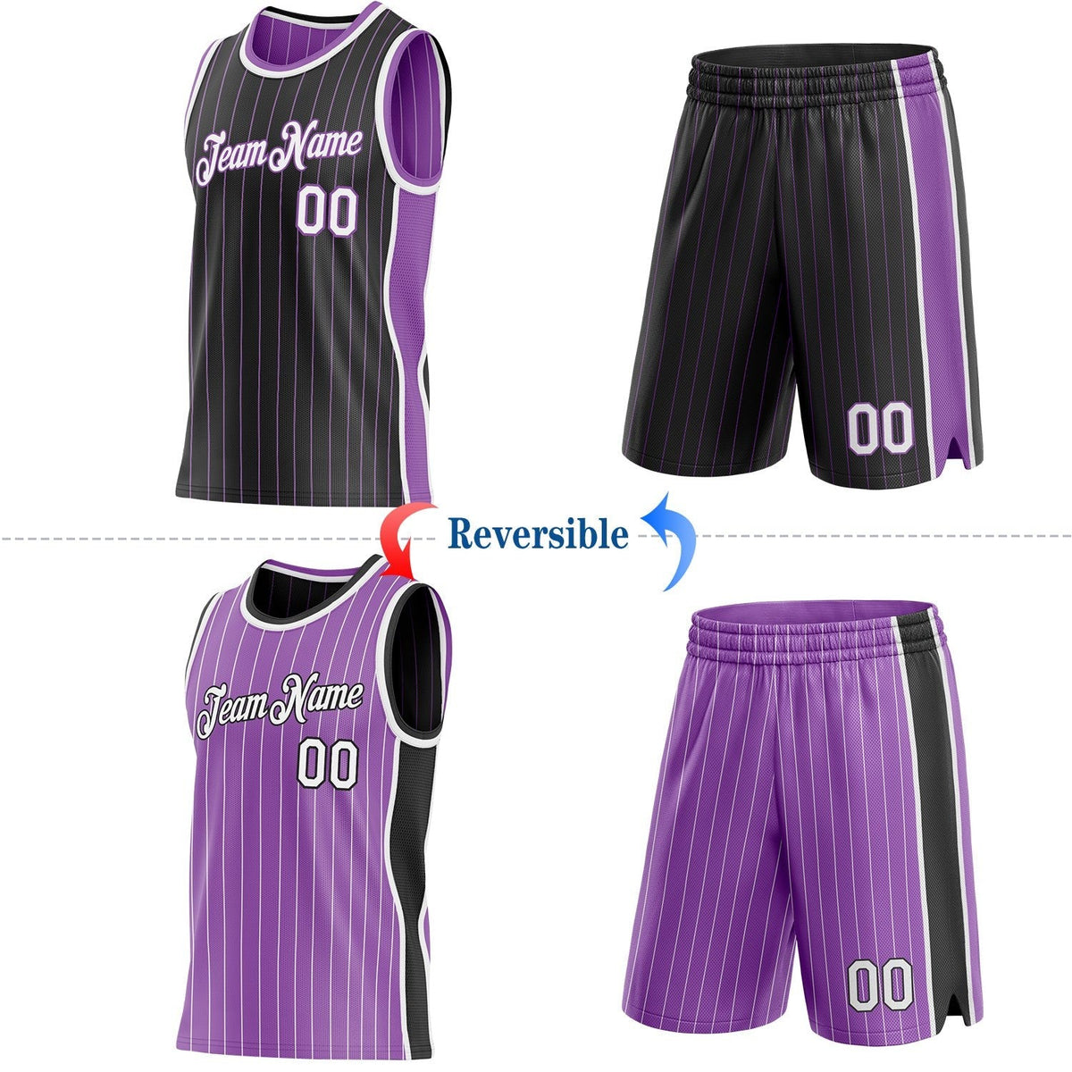 Custom Black Medium Purple Pinstripe-White Side Panels Reversible Double Side Sublimation Basketball Set Jersey photo 2