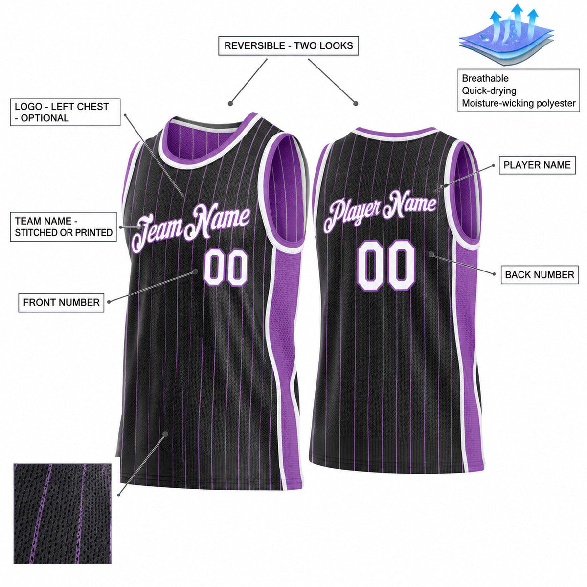 Custom Black and Medium Purple Side Panels Basketball Jersey Set with White Lettering customization guide
