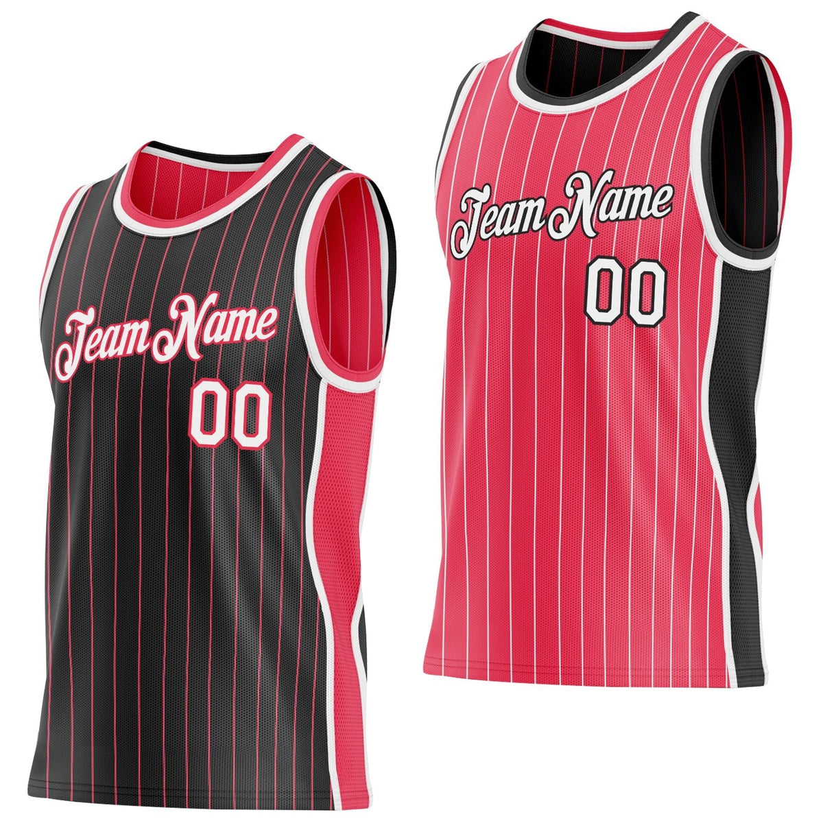 Custom Black Neon Pink Pinstripe-White Side Panels Reversible Double Side Sublimation Basketball Set Jersey