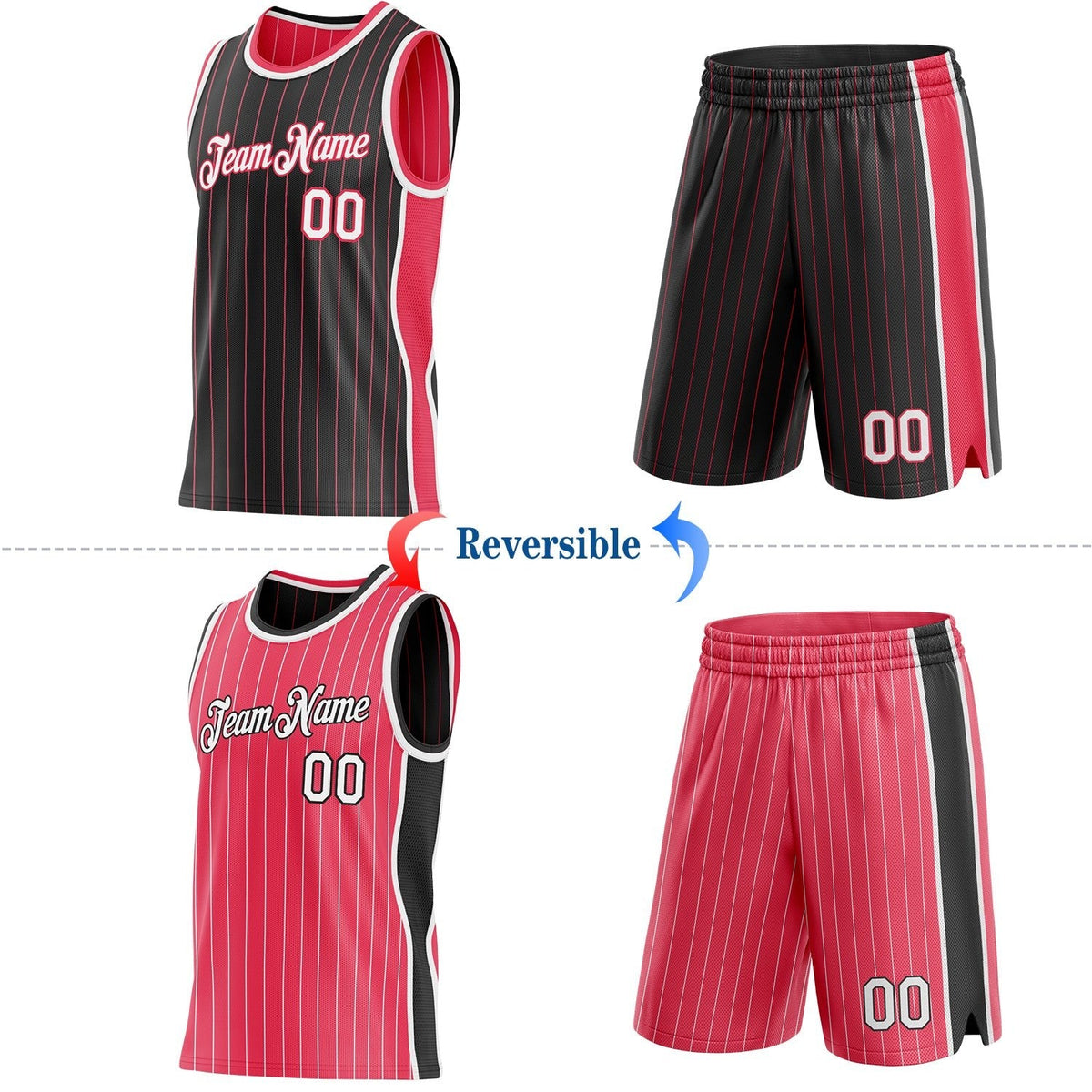 Custom Black Neon Pink Pinstripe-White Side Panels Reversible Double Side Sublimation Basketball Set Jersey photo 2