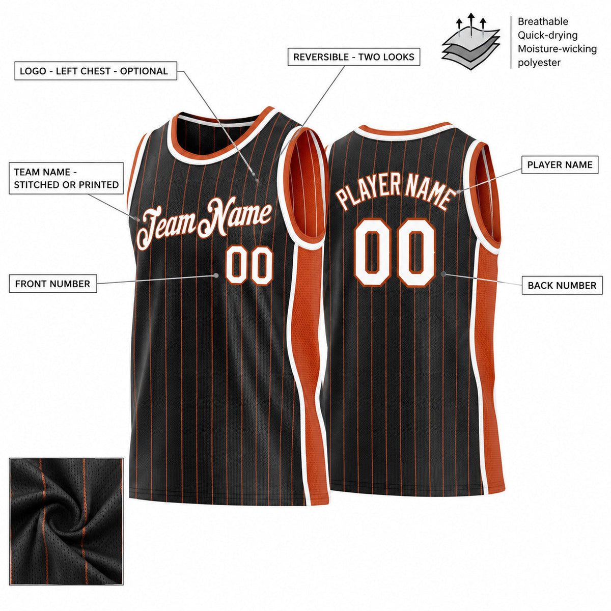 Custom Black and Texas Orange Side Panels Basketball Jersey Set with White Lettering customization guide