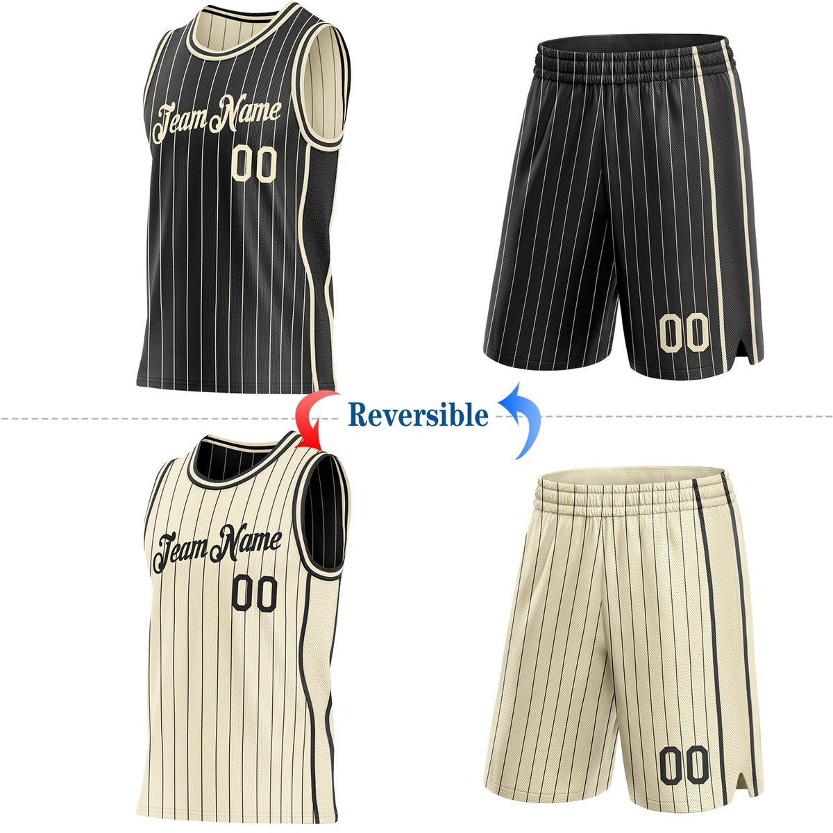 Custom Black Cream Pinstripe Side Panels Reversible Double Side Sublimation Basketball Set Jersey photo 2