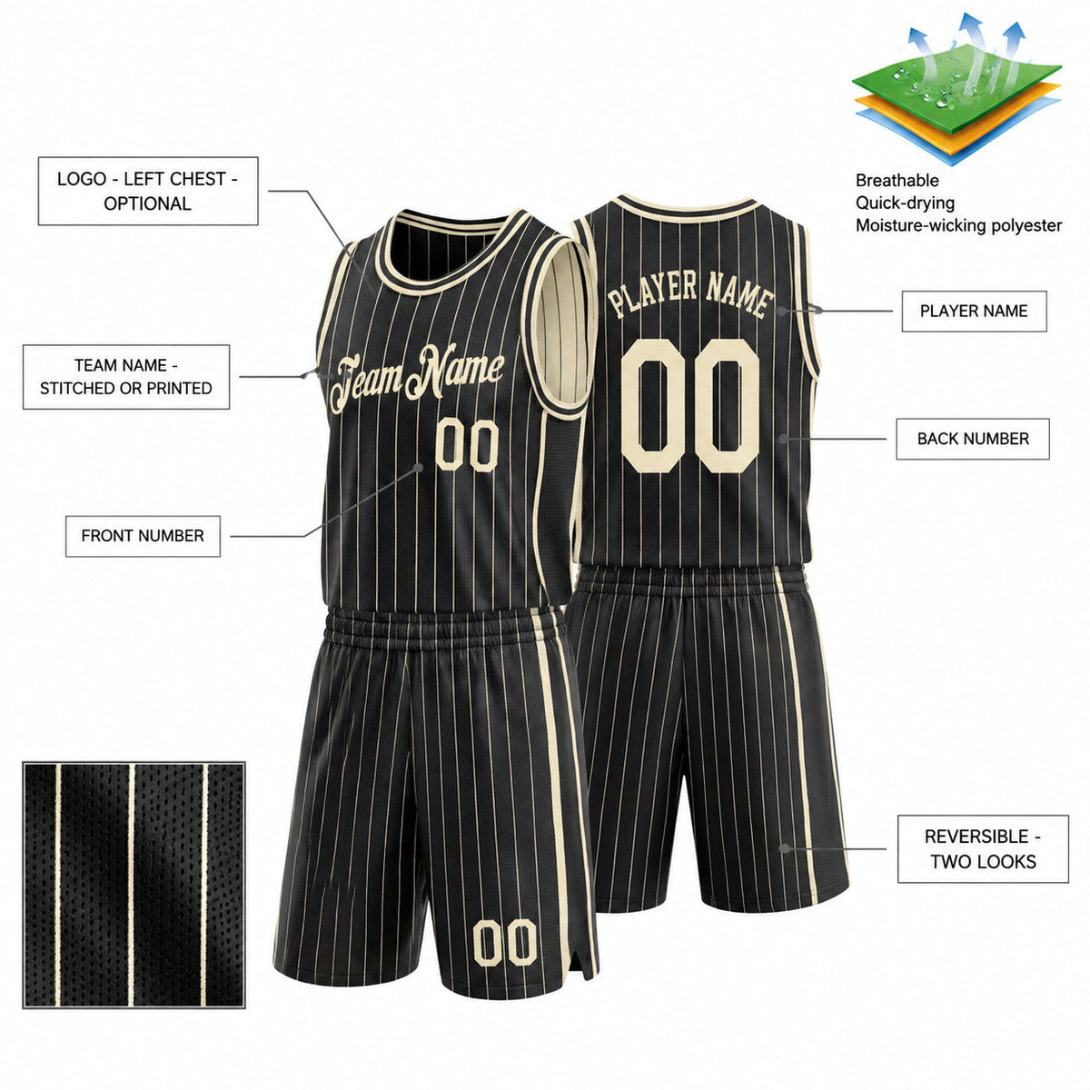 Custom Black Side Panels Pinstripe Reversible Basketball Jersey Set with Cream Lettering customization guide