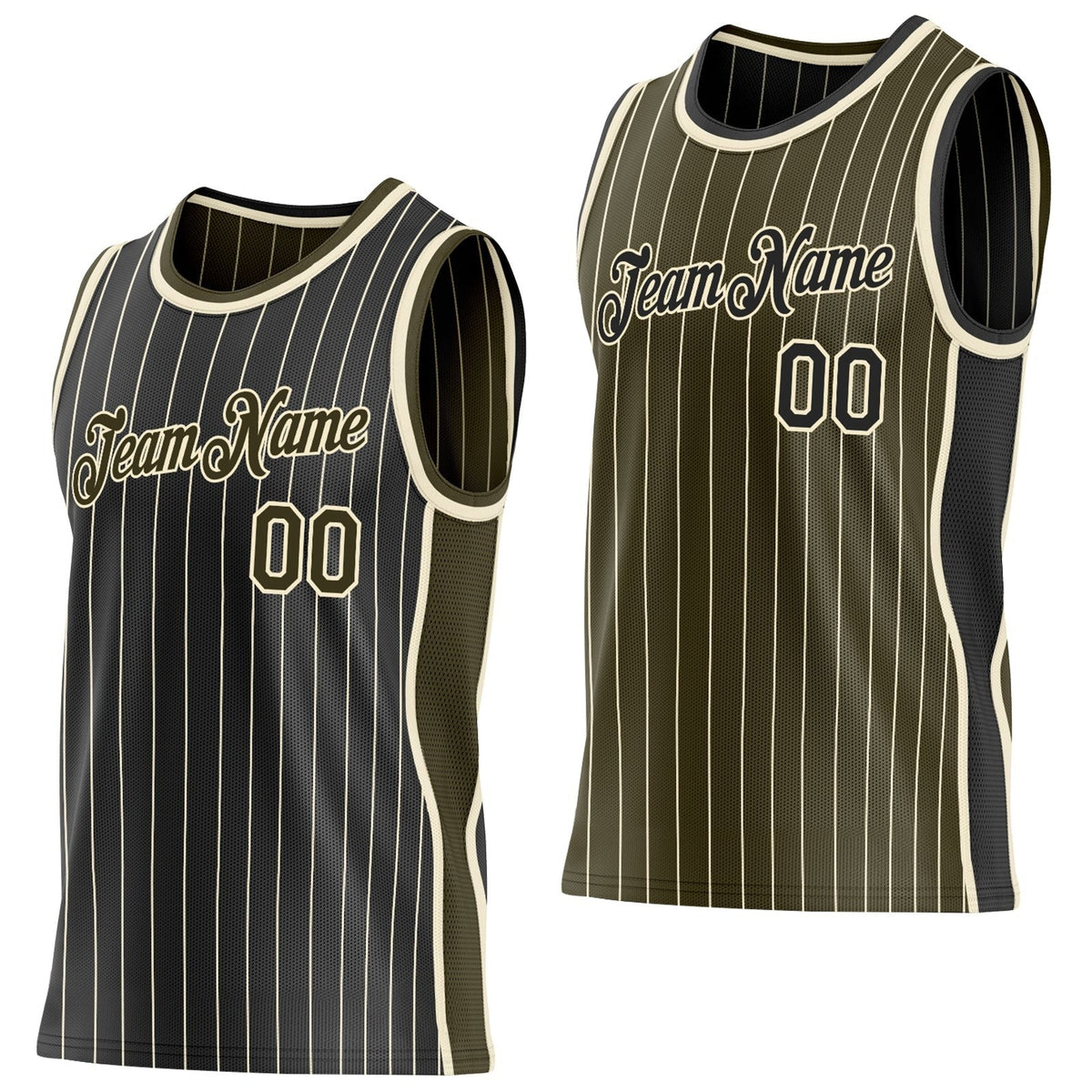 Custom Black Cream Pinstripe-Olive Side Panels Reversible Double Side Sublimation Basketball Set Jersey