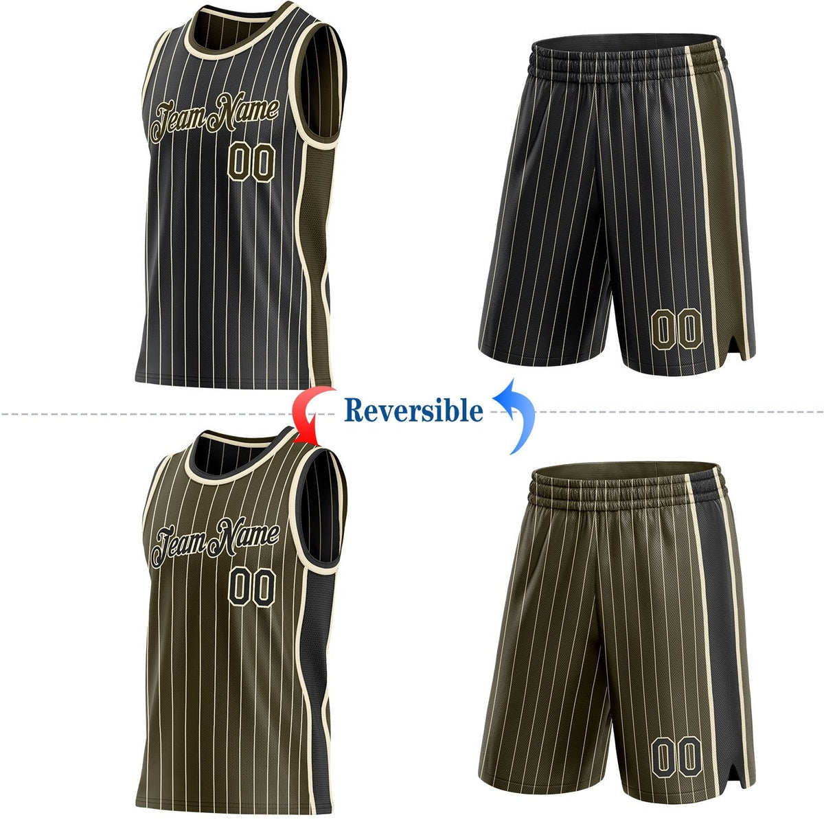 Custom Black Cream Pinstripe-Olive Side Panels Reversible Double Side Sublimation Basketball Set Jersey photo 2
