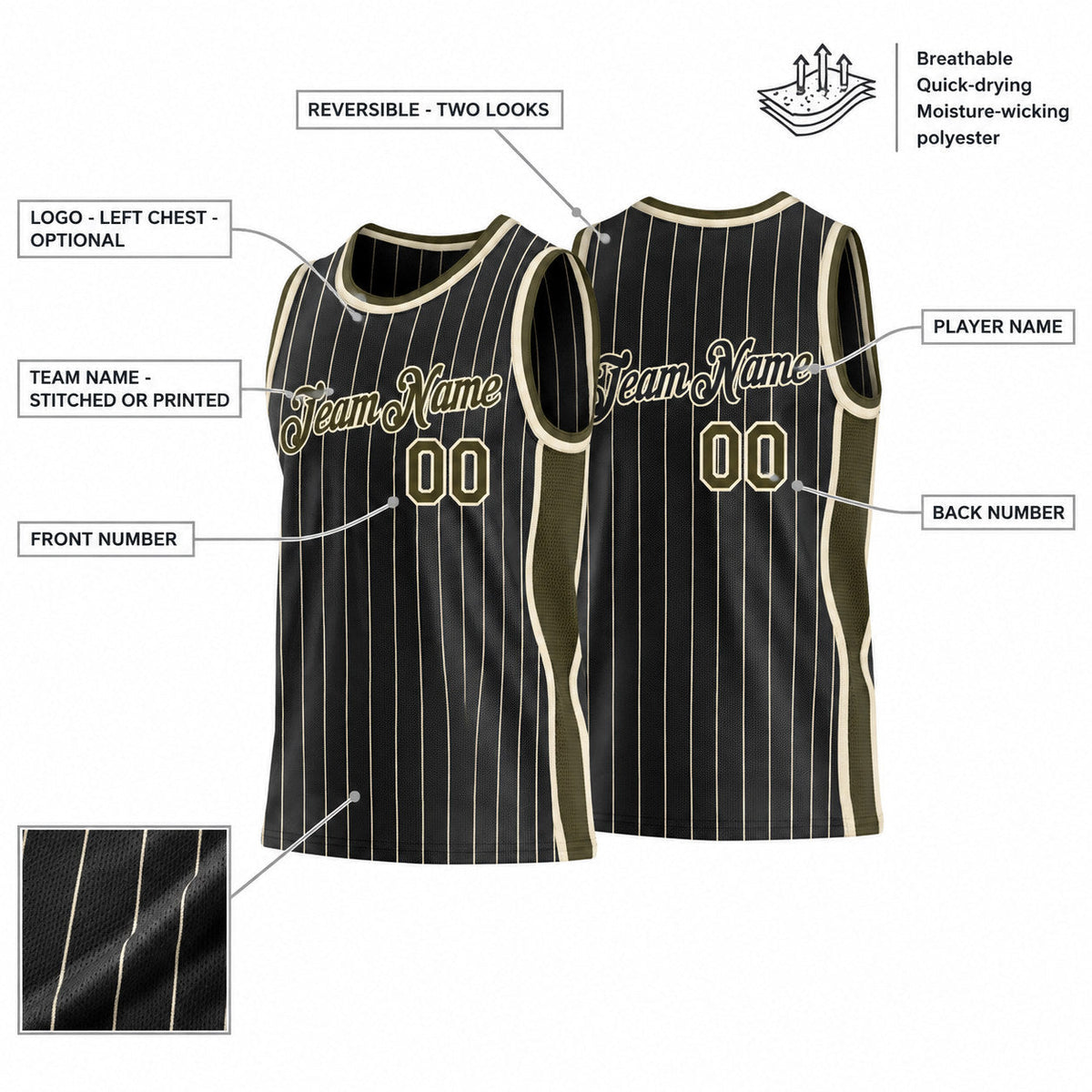 Custom Black and Cream Side Panels Pinstripe Reversible Basketball Jersey Set with Olive Lettering customization guide