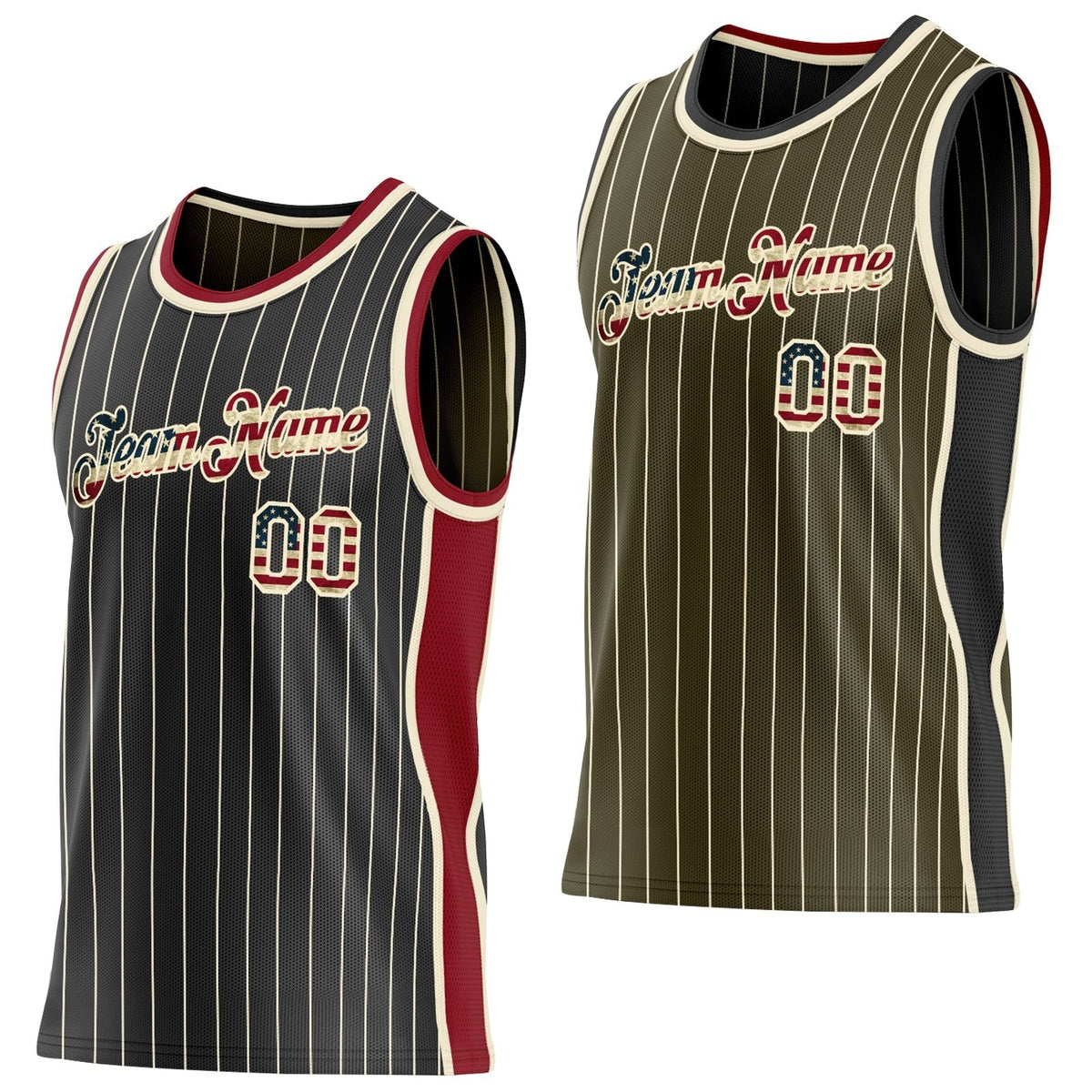Custom Black Olive Cream Pinstripe Side Panels Reversible Double Side Sublimation Basketball Set Jersey