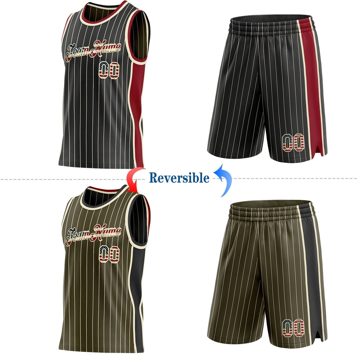 Custom Black Olive Cream Pinstripe Side Panels Reversible Double Side Sublimation Basketball Set Jersey photo 2