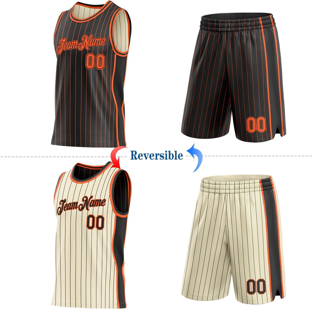 Custom Black Orange & Cream Black Pinstripe Side Panels Reversible Double Side Sublimation Basketball Set Jersey photo 2