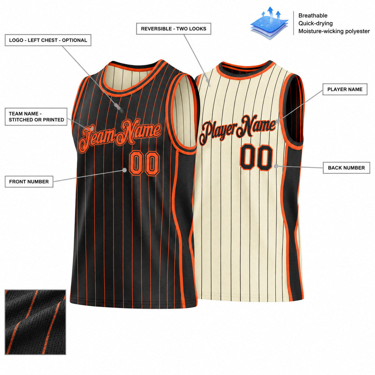 Custom Black Side Panels Pinstripe Reversible Basketball Jersey Set with Orange Lettering customization guide