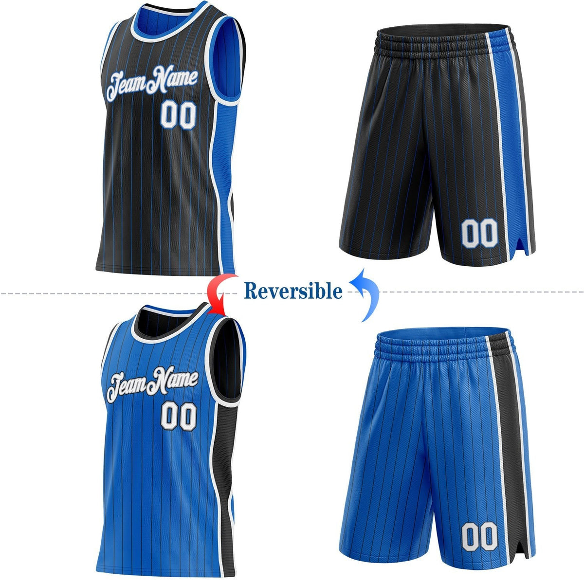 Custom Black Blue Pinstripe White-Gray Side Panels Reversible Double Side Sublimation Basketball Set Jersey photo 2