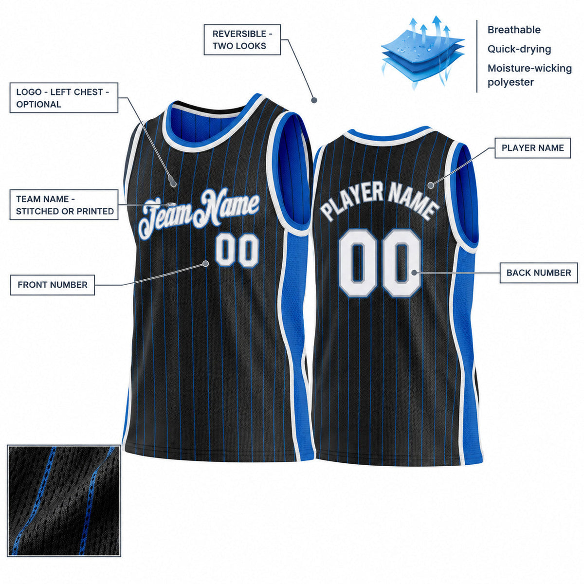 Custom Black and Blue Side Panels Basketball Jersey Set with White and Gray Lettering customization guide