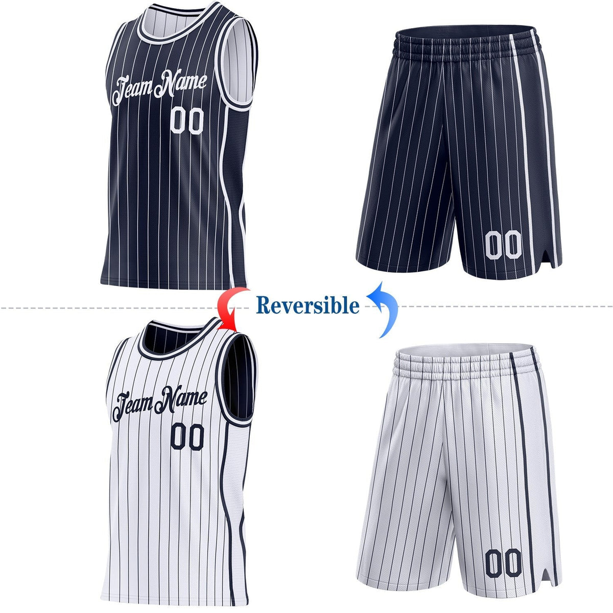 Custom Navy White Pinstripe Side Panels Reversible Double Side Sublimation Basketball Set Jersey photo 2