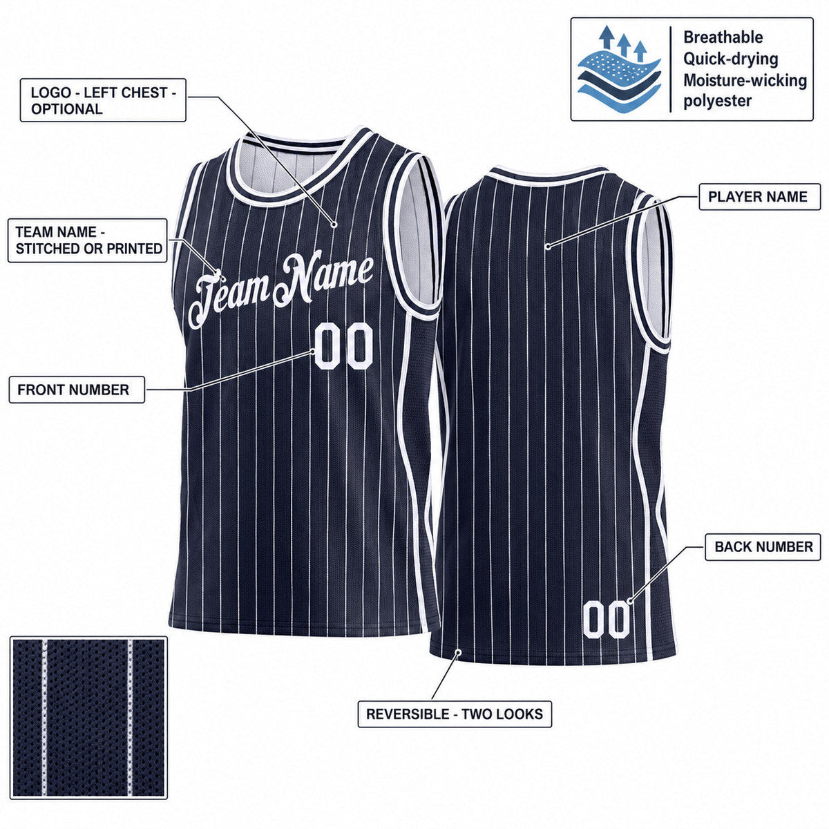 Custom Navy Side Panels Pinstripe Reversible Basketball Jersey Set with White Lettering customization guide