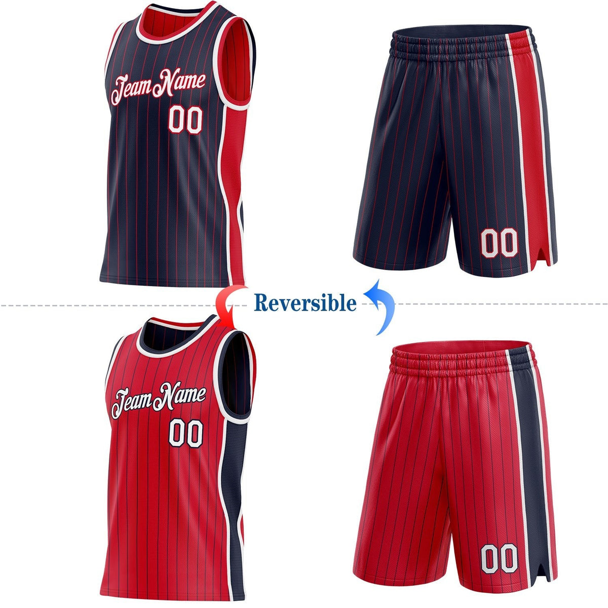 Custom Navy Red Pinstripe-White Side Panels Reversible Double Side Sublimation Basketball Set Jersey photo 2