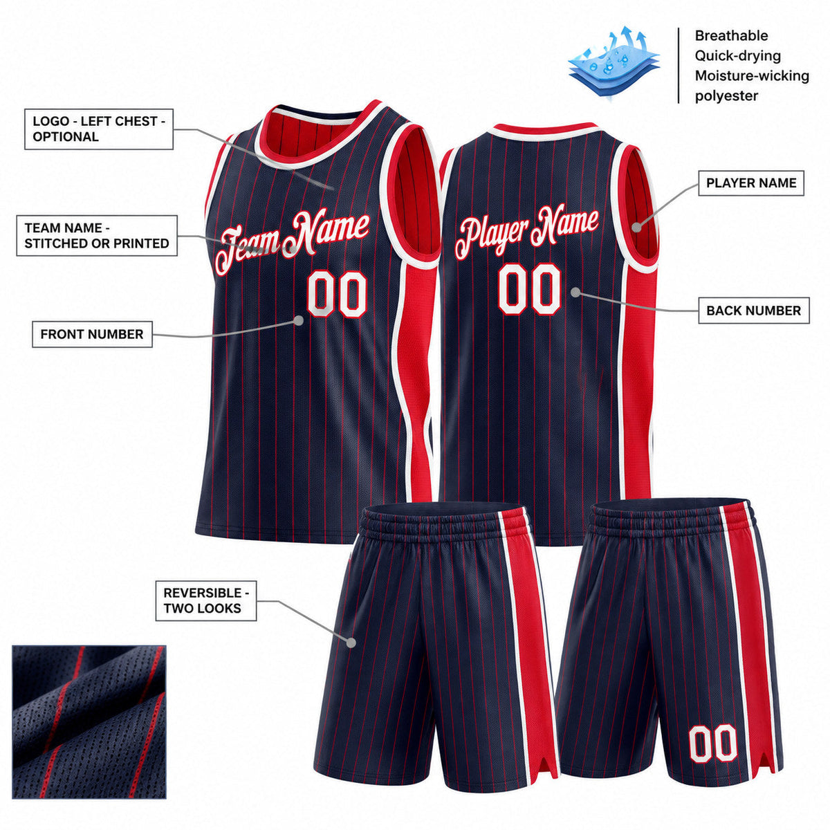 Custom Navy and Red Side Panels Pinstripe Reversible Basketball Jersey Set with White Lettering Design 0972 customization guide