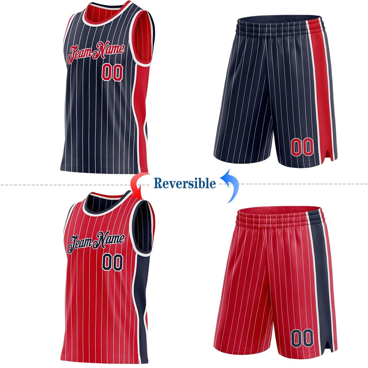 Custom Navy White Pinstripe-Red Side Panels Reversible Double Side Sublimation Basketball Set Jersey photo 2