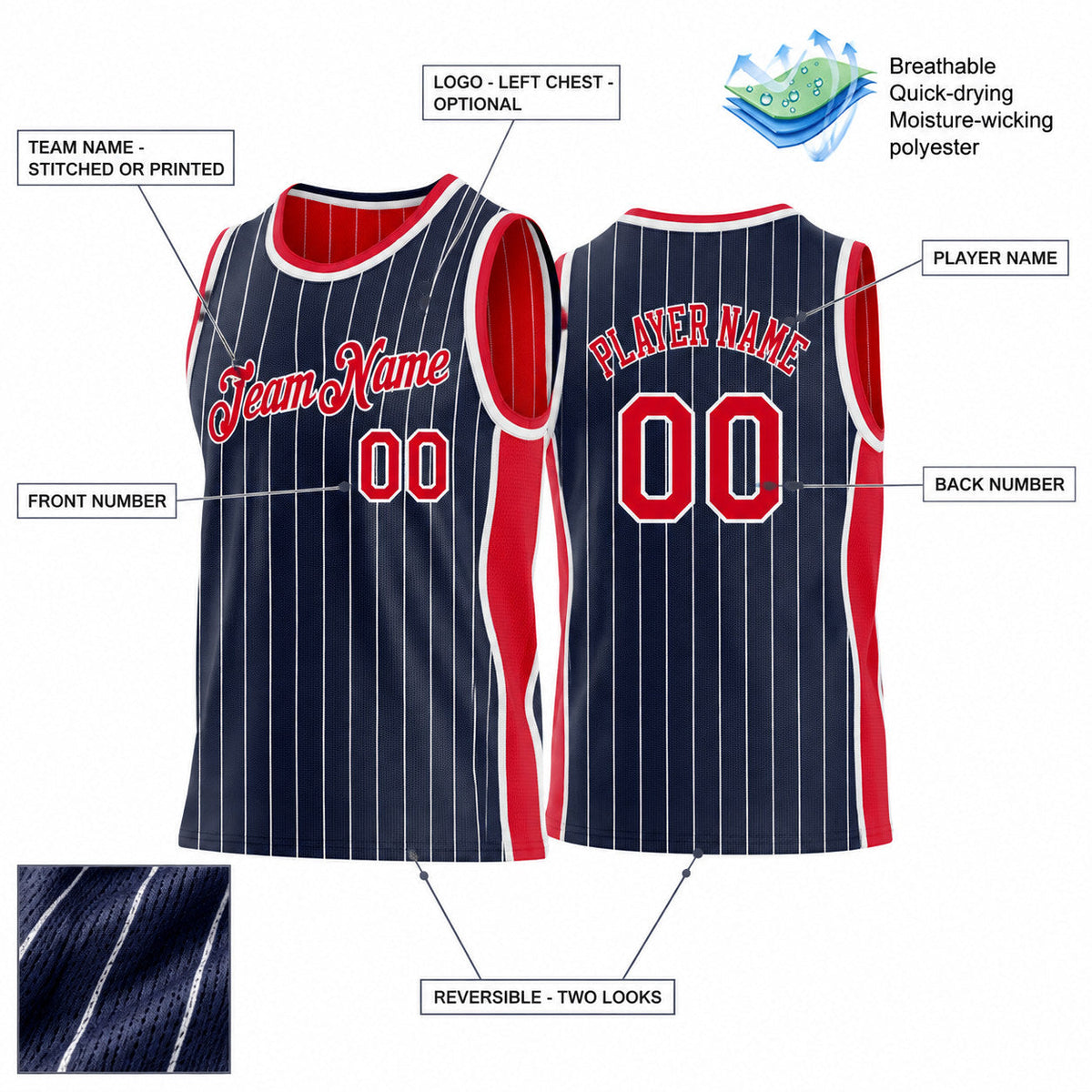 Custom Navy and White Side Panels Pinstripe Reversible Basketball Jersey Set with Red Lettering customization guide
