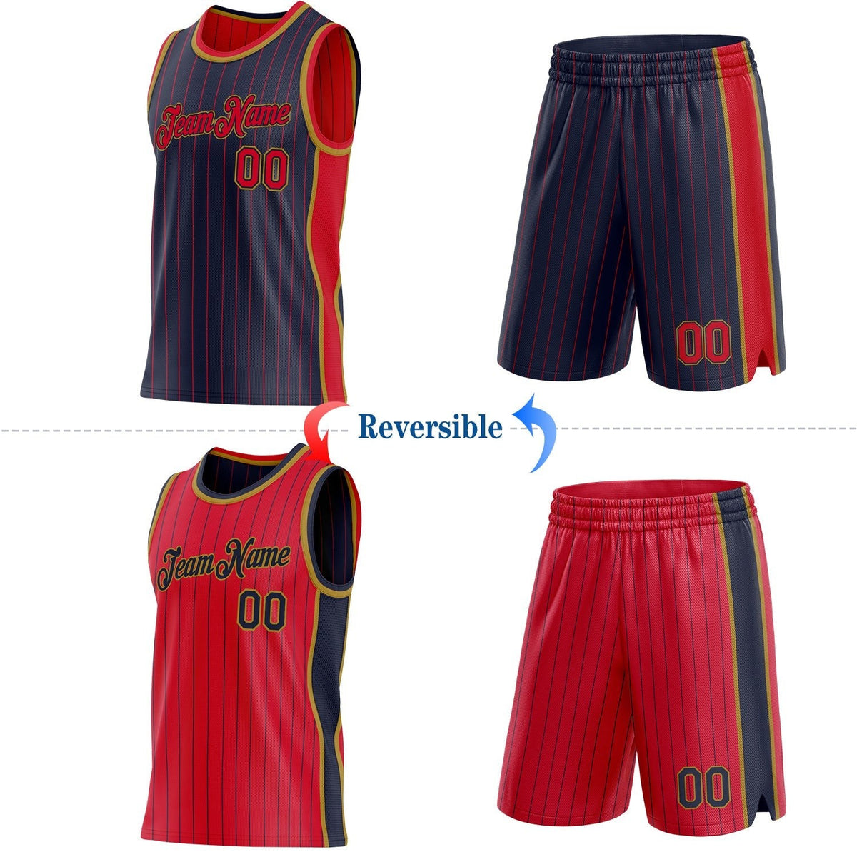 Custom Navy Red Pinstripe-Old Gold Side Panels Reversible Double Side Sublimation Basketball Set Jersey photo 2