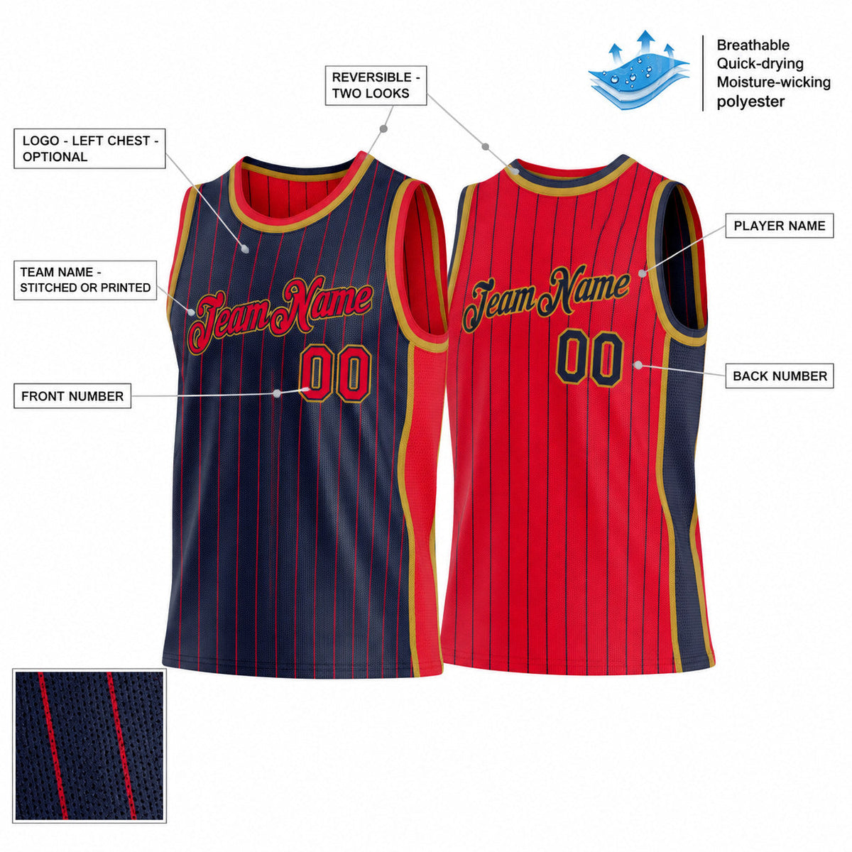 Custom Navy and Red Side Panels Pinstripe Reversible Basketball Jersey Set with Old Gold Lettering customization guide