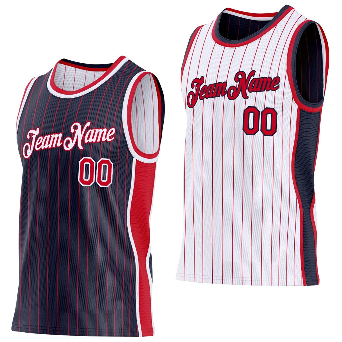 Custom Navy Red Pinstripe-White Side Panels Reversible Double Side Sublimation Basketball Set Jersey