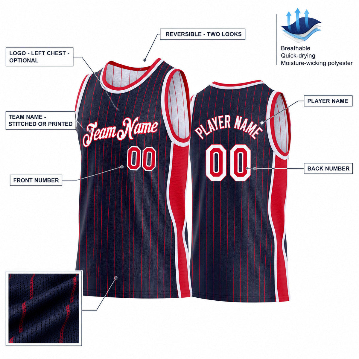 Custom Navy and Red Side Panels Pinstripe Reversible Basketball Jersey Set with White Lettering Design 0975 customization guide