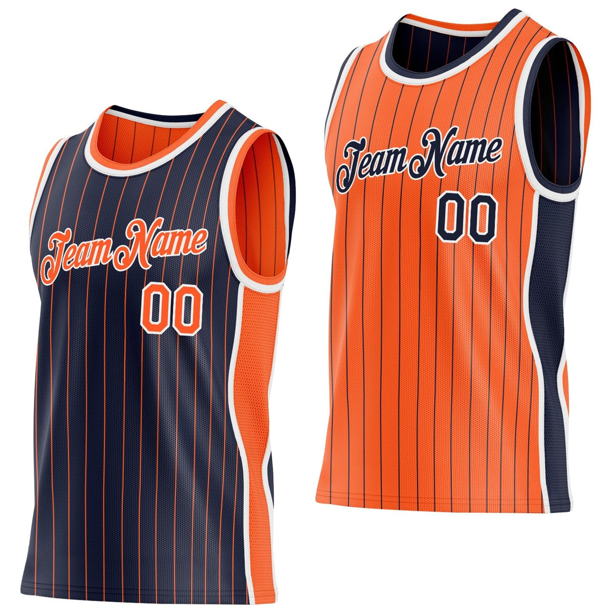 Custom Navy Orange Pinstripe-White Side Panels Reversible Double Side Sublimation Basketball Set Jersey