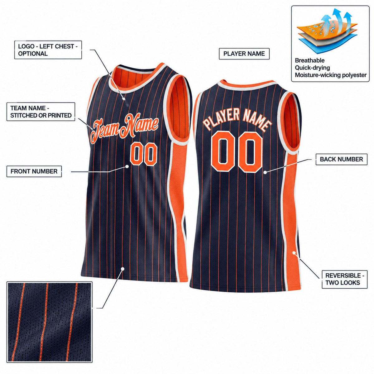 Custom Navy and Orange Side Panels Pinstripe Reversible Basketball Jersey Set with White Lettering Design 0976 customization guide