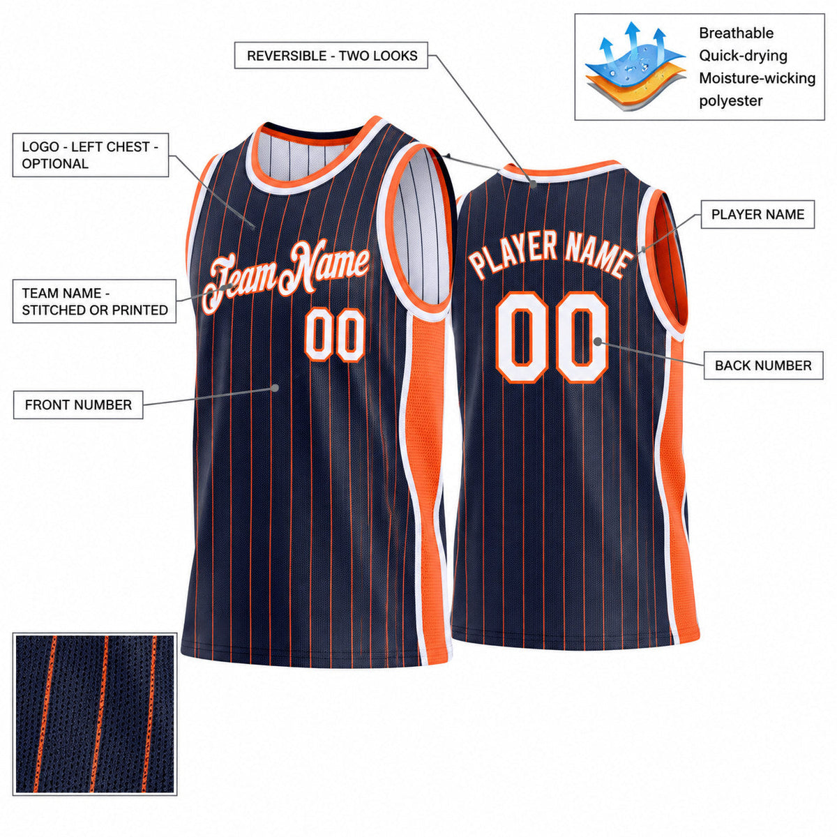 Custom Navy and Orange Side Panels Pinstripe Reversible Basketball Jersey Set with White Lettering Design 0977 customization guide