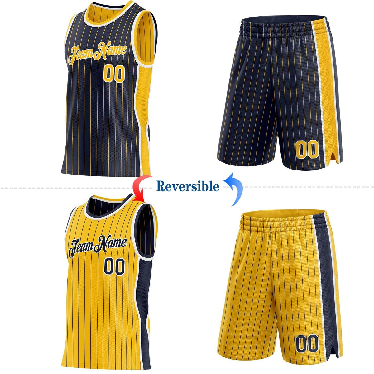 Custom Navy Gold Pinstripe-White Side Panels Reversible Double Side Sublimation Basketball Set Jersey photo 2