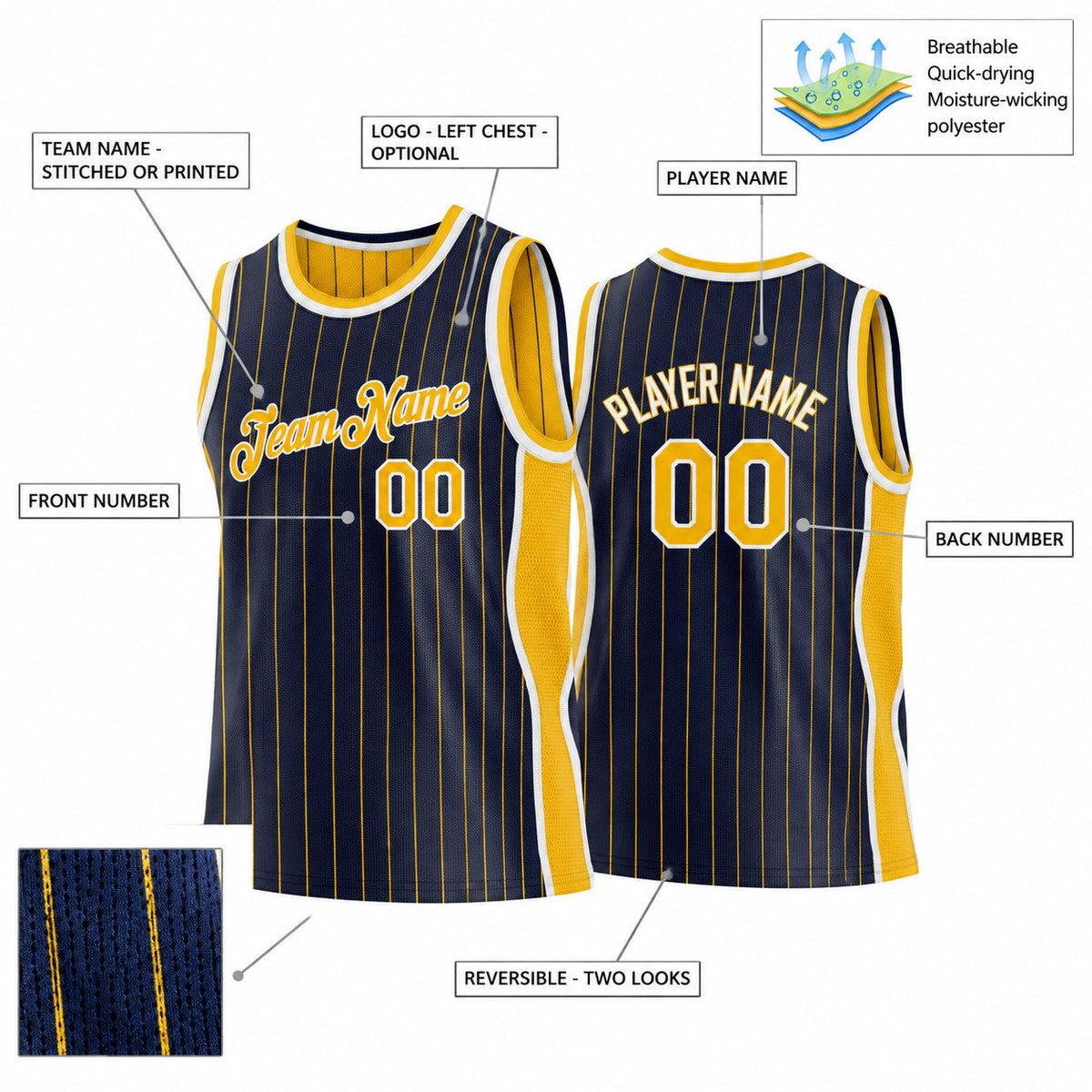 Custom Navy and Gold Side Panels Pinstripe Reversible Basketball Jersey Set with White Lettering Design 0978 customization guide