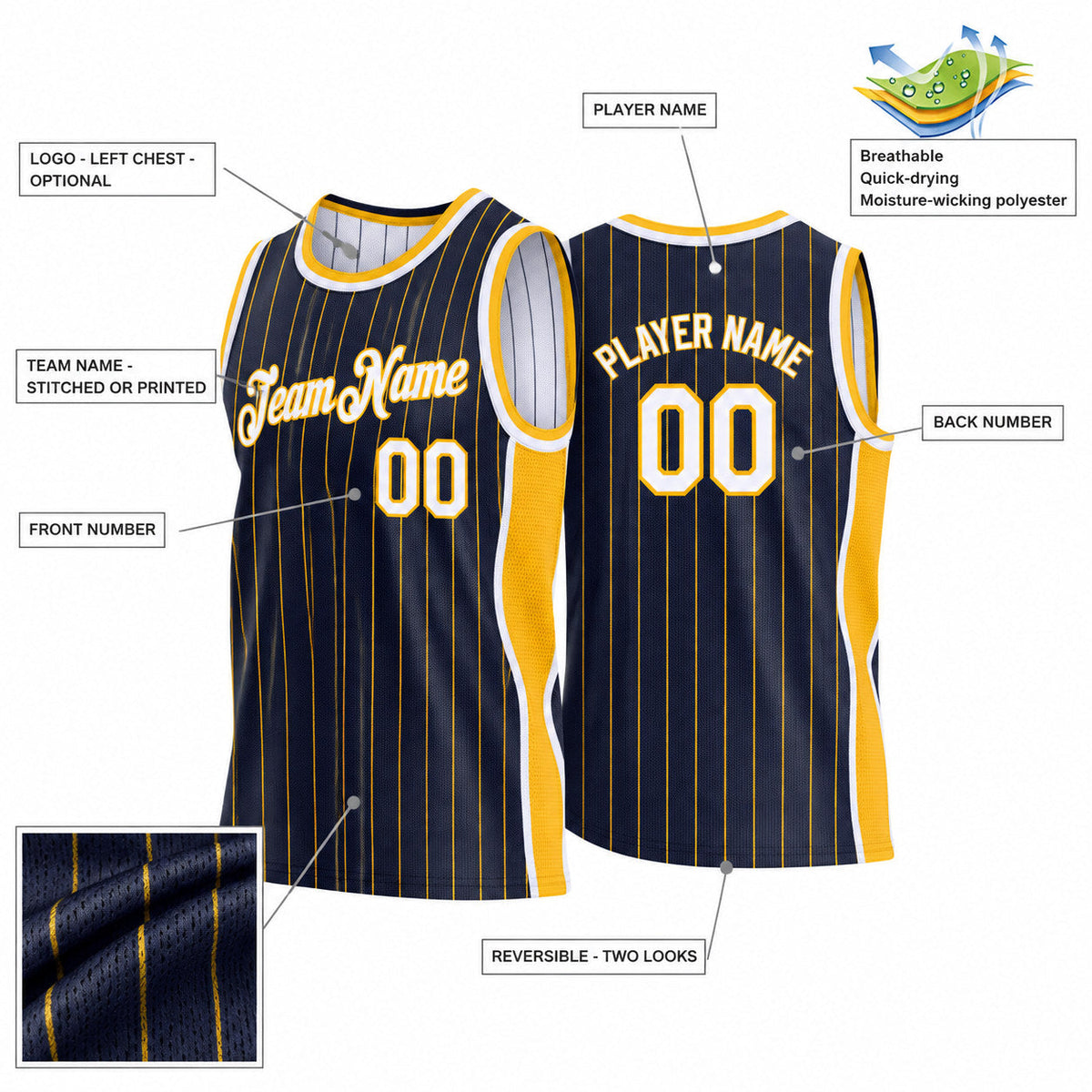 Custom Navy and Gold Side Panels Pinstripe Reversible Basketball Jersey Set with White Lettering Design 0979 customization guide