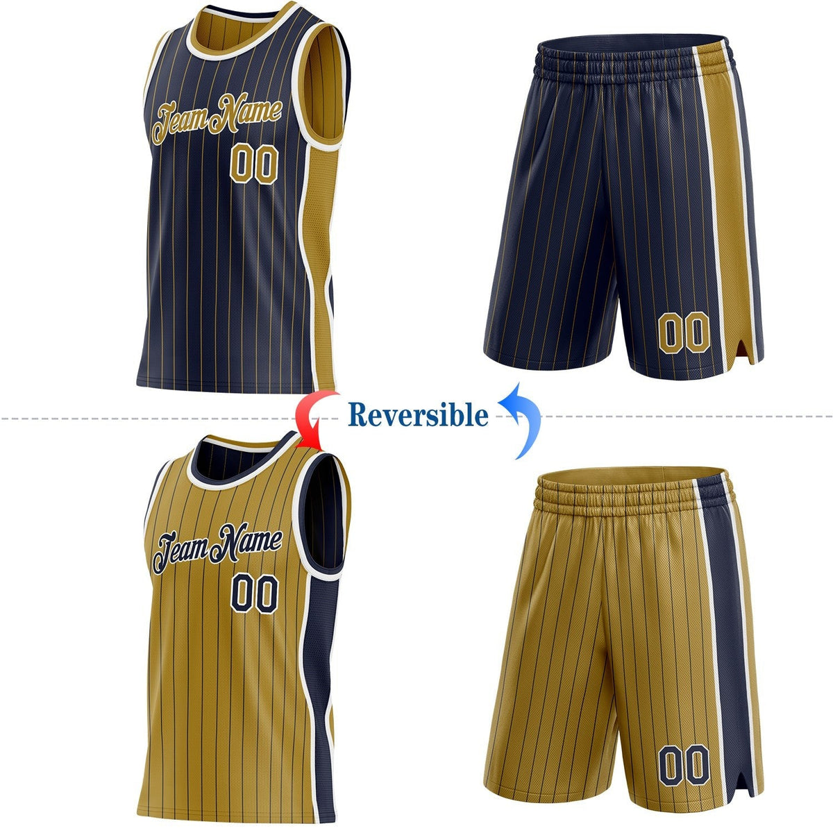 Custom Navy Old Gold Pinstripe-White Side Panels Reversible Double Side Sublimation Basketball Set Jersey photo 2