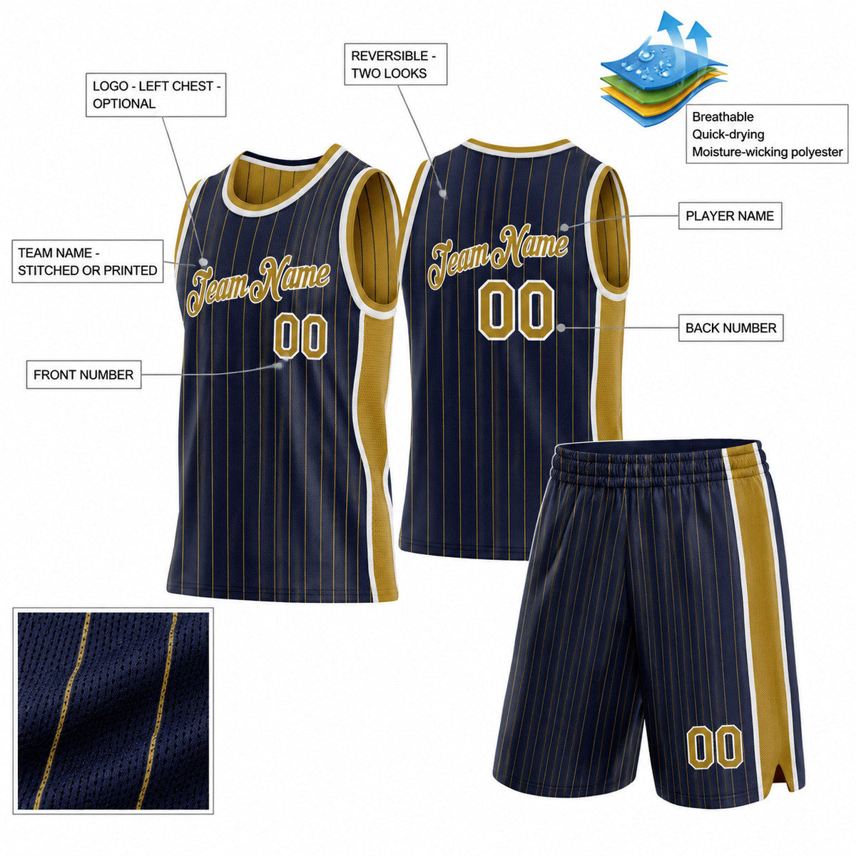 Custom Navy and Old Gold Side Panels Pinstripe Reversible Basketball Jersey Set with White Lettering Design 0980 customization guide