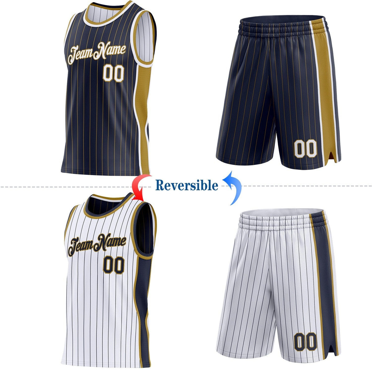 Custom Navy Old Gold Pinstripe-White Side Panels Reversible Double Side Sublimation Basketball Set Jersey photo 2