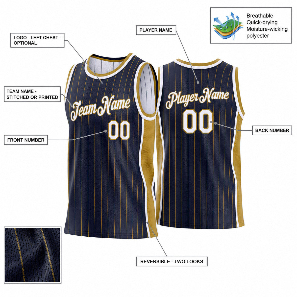 Custom Navy and Old Gold Side Panels Pinstripe Reversible Basketball Jersey Set with White Lettering Design 0981 customization guide