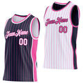 Custom Navy Pink Pinstripe-White Side Panels Reversible Double Side Sublimation Basketball Set Jersey