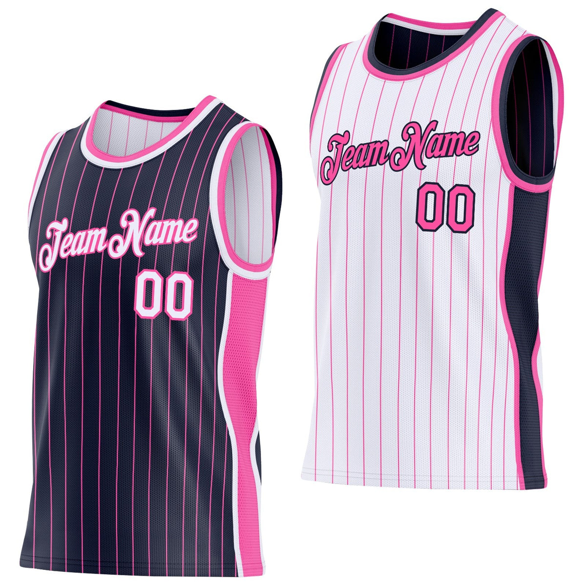 Custom Navy Pink Pinstripe-White Side Panels Reversible Double Side Sublimation Basketball Set Jersey