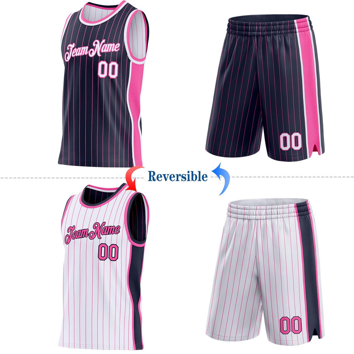 Custom Navy Pink Pinstripe-White Side Panels Reversible Double Side Sublimation Basketball Set Jersey photo 2